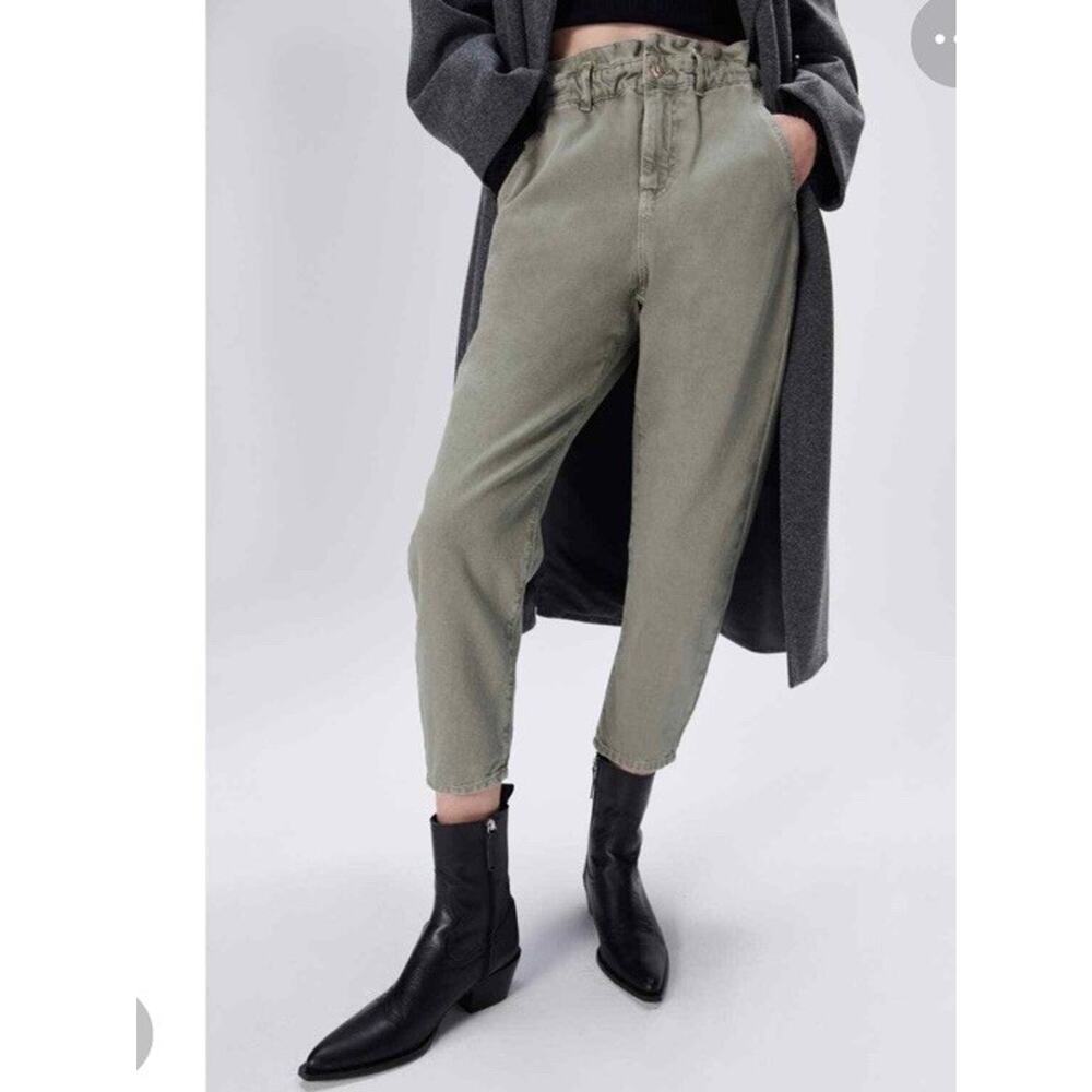 Zara High Waisted Paper Bag Sage Denim Pants Size 8